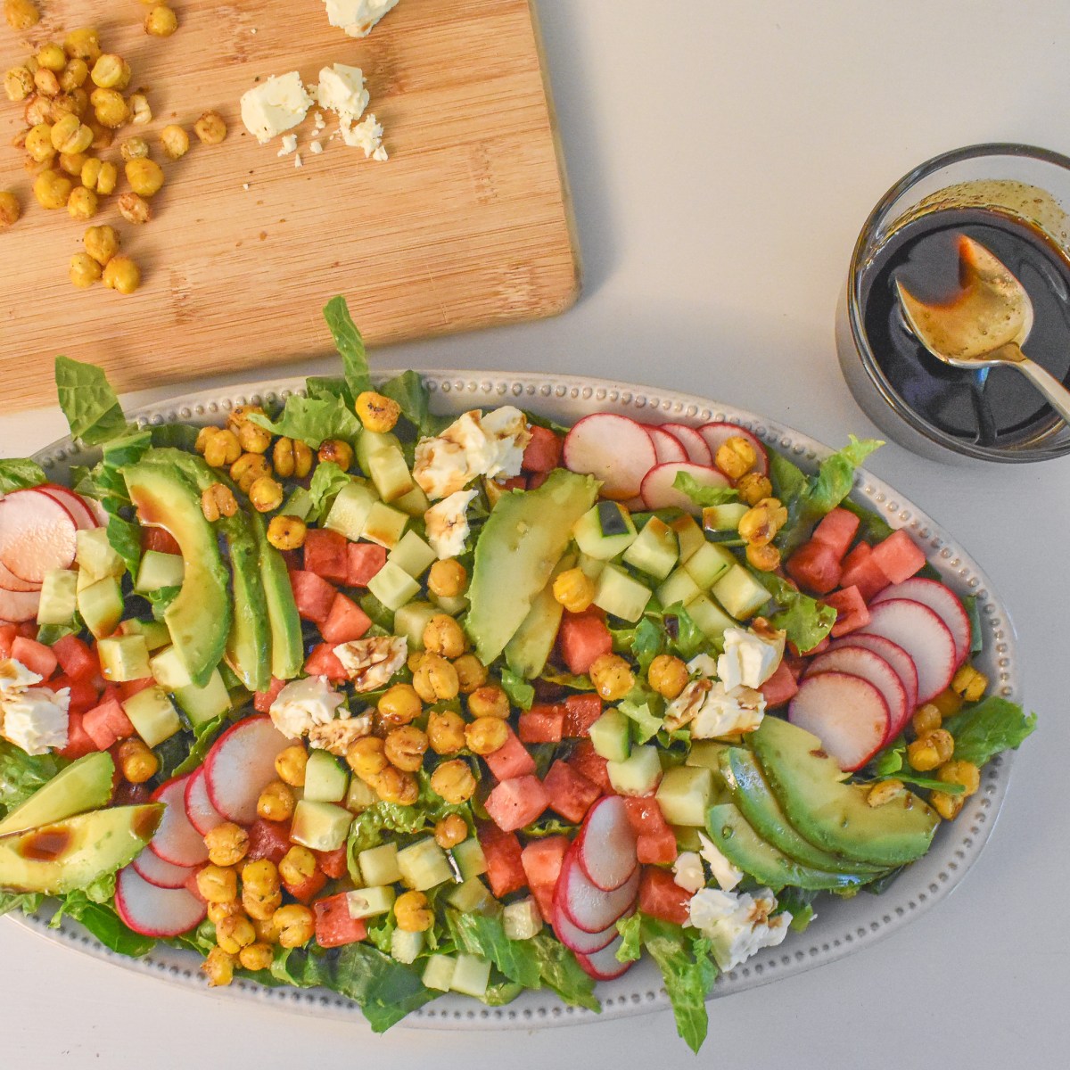 WATERMELON + CUCUMBER SALAD W/ CRUNCHY CHICKPEAS + BALSAMIC&nbsp;DRIZZLE