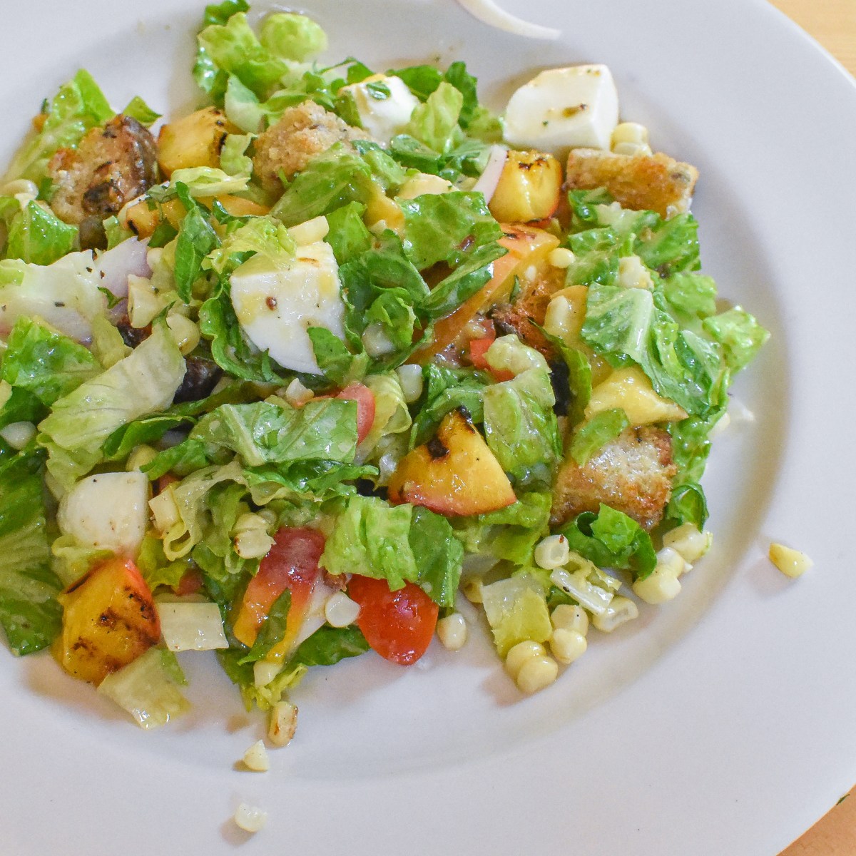 GRILLED PEACH + CORN CHOPPED&nbsp;PANZANELLA