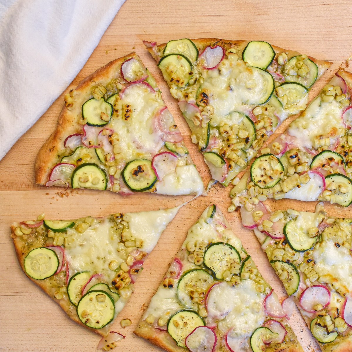 GRILLED CORN + GARDEN VEG PESTO&nbsp;PIZZA