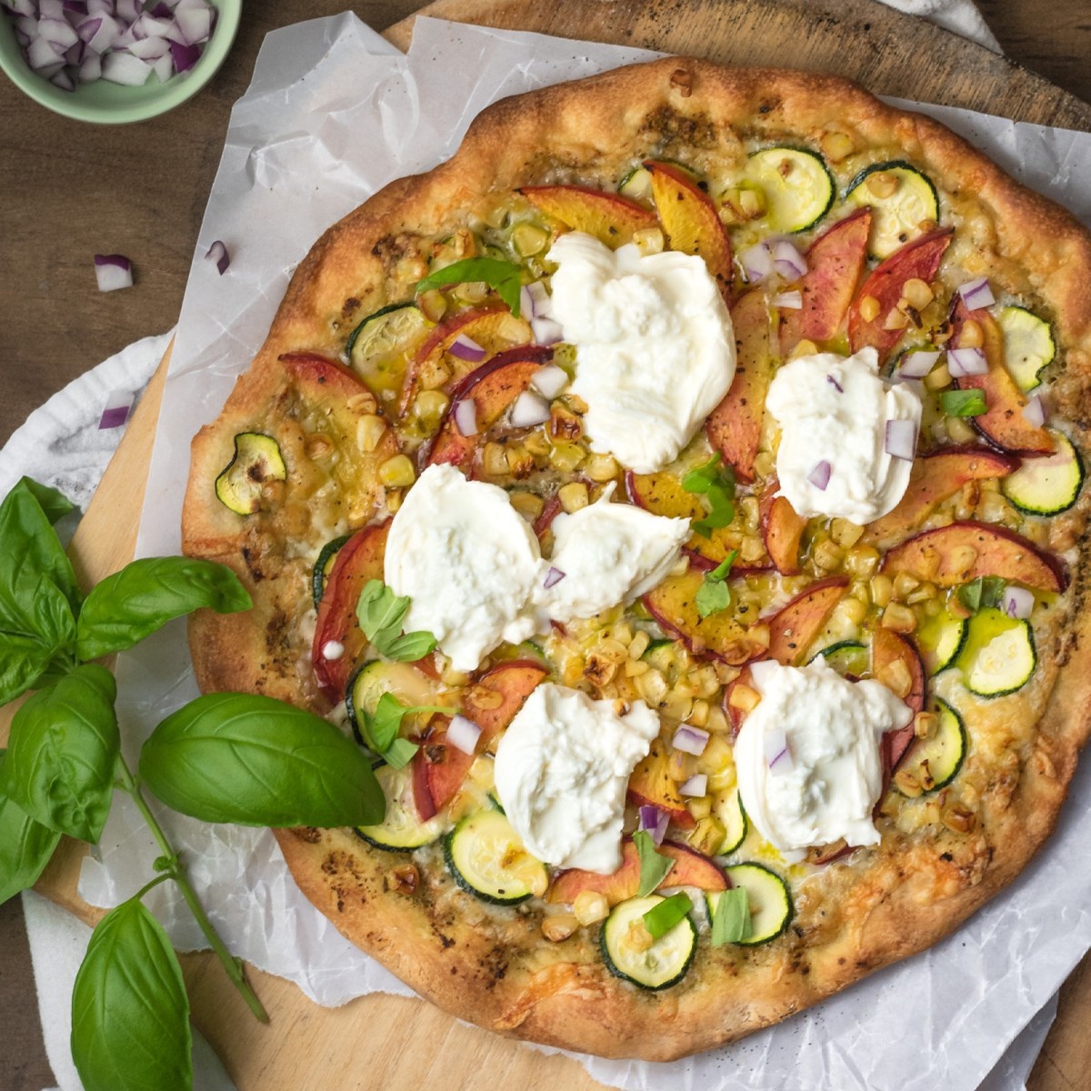 PEACH + CORN PESTO PIZZA W/&nbsp;BURRATA
