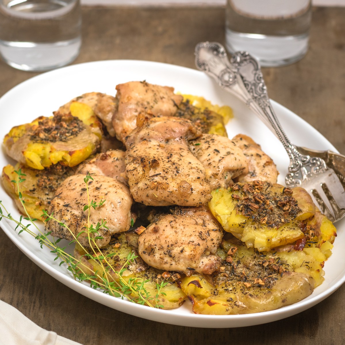 CHICKEN THIGHS + SMASHED&nbsp;POTATOES