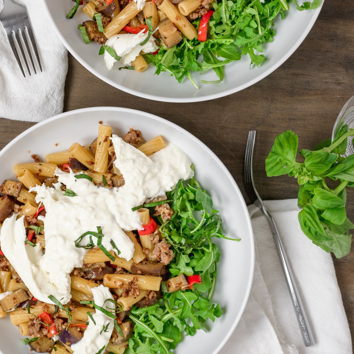SAUSAGE, EGGPLANT + BURRATA&nbsp;PASTA