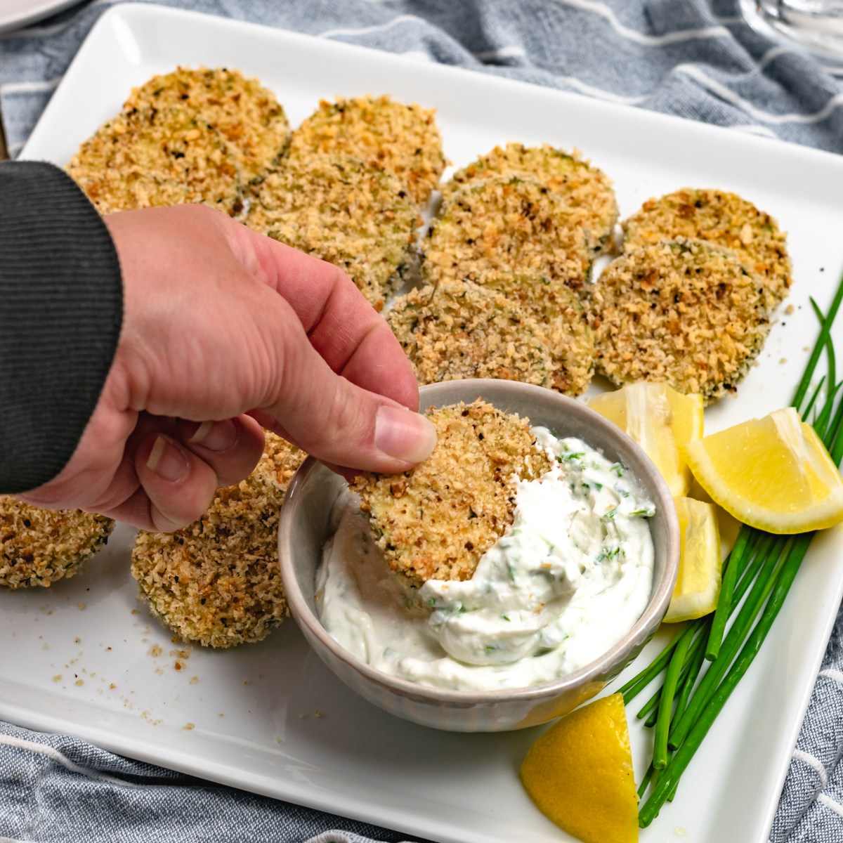 CRISPY BAKED ZUCCHINI BITES with LEMON CHIVE WHIPPED COTTAGE&nbsp;CHEESE