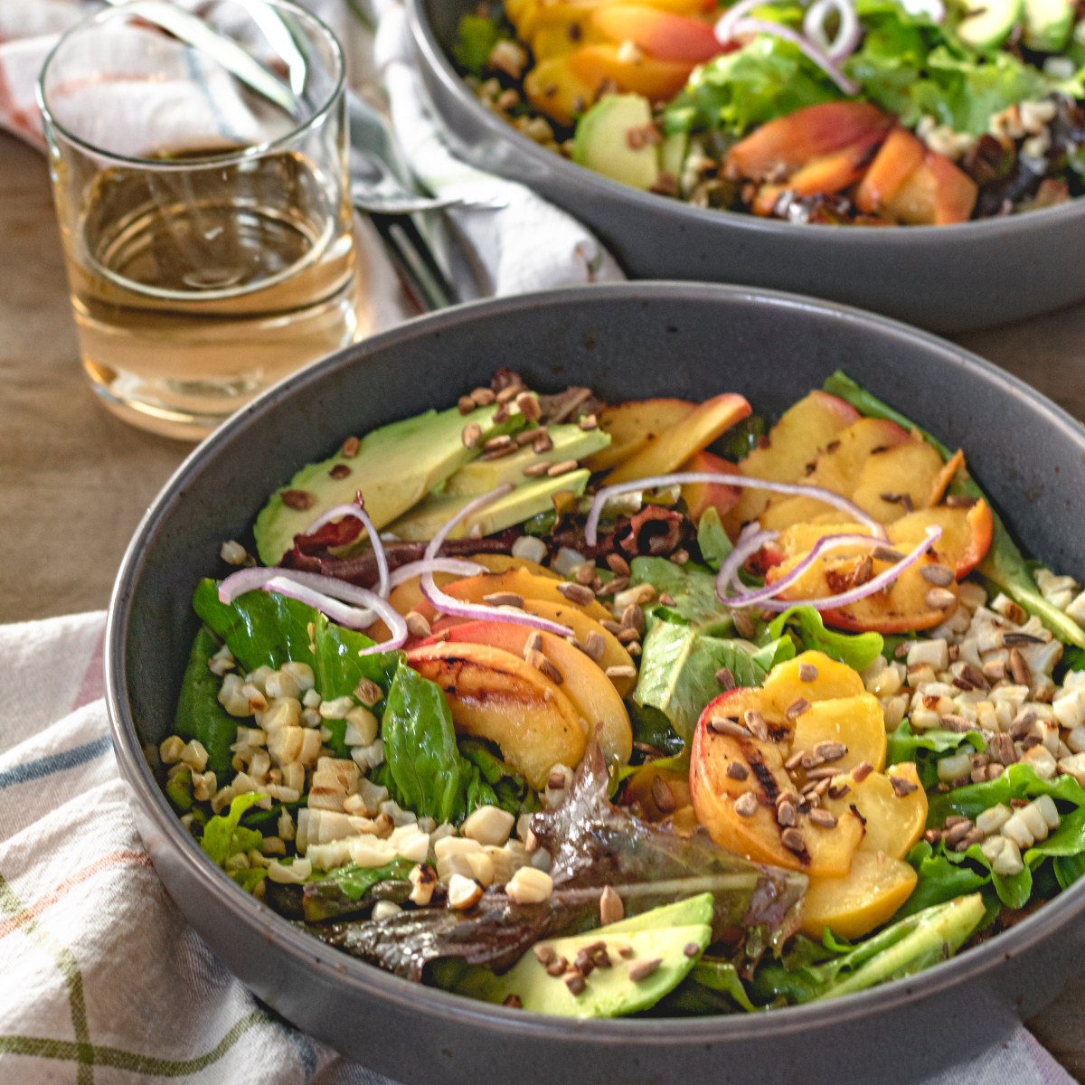 GRILLED PEACH + CORN SALAD with HONEY BALSAMIC&nbsp;DRESSING