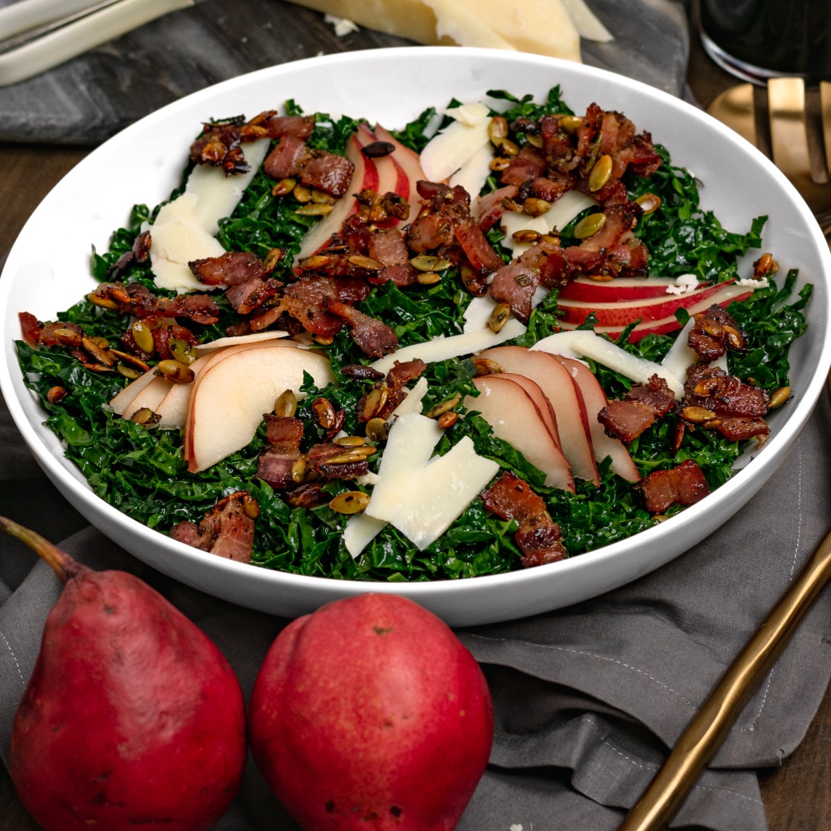 PEAR + PARMESAN KALE SALAD with CANDIED BACON +&nbsp;PEPITAS