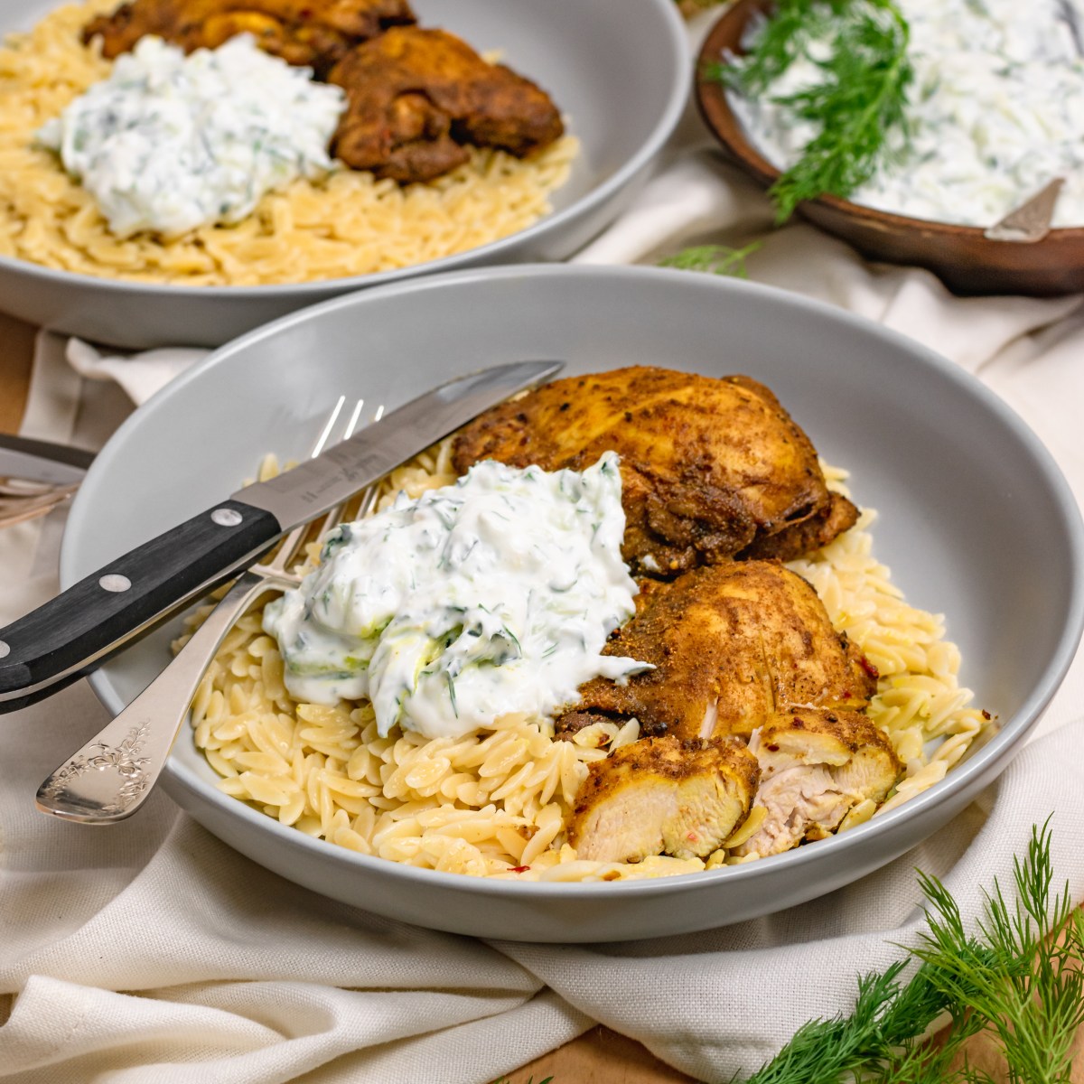SHAWARMA-STYLE CHICKEN THIGHS with&nbsp;TZATZIKI