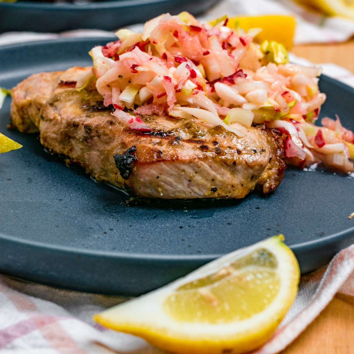 GRILLED LEMON DIJON PORK CHOPS with ENDIVE RADISH&nbsp;SLAW
