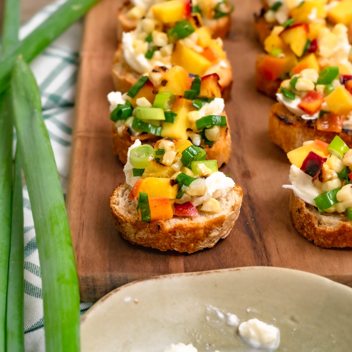 GRILLED PEACH + CORN BRUSCHETTA with&nbsp;BURRATA