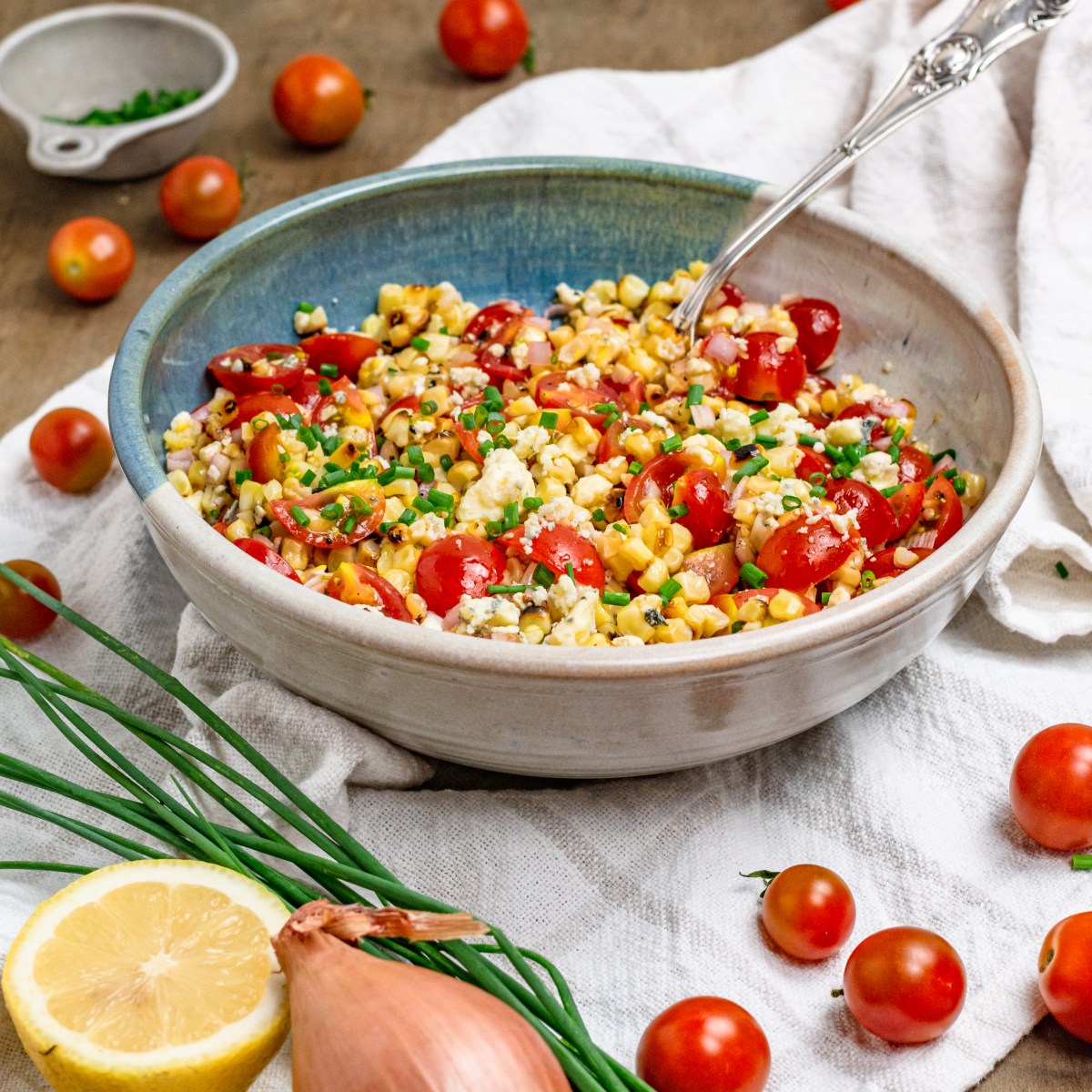 GRILLED CORN + TOMATO SALAD with&nbsp;GORGONZOLA