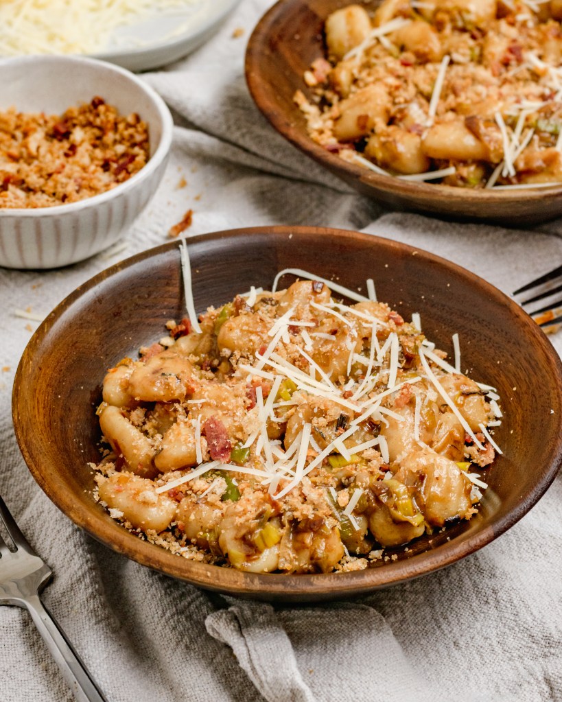 Caramelized Leek Gnocchi with Bacon Breadcrumbs