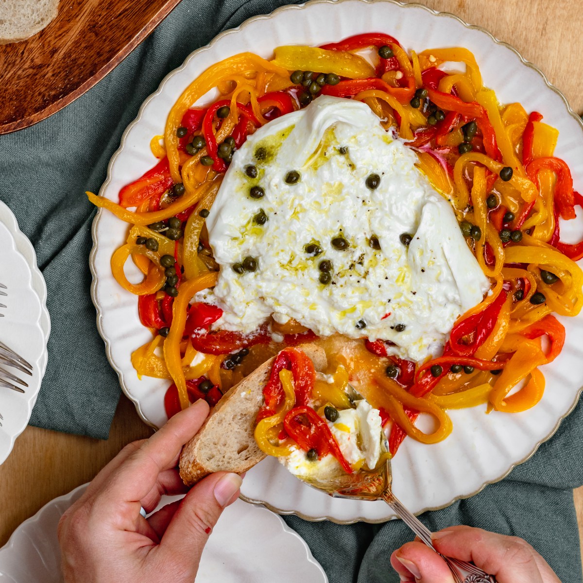 ROASTED PEPPERS + BURRATA with CAPER&nbsp;VINAIGRETTE
